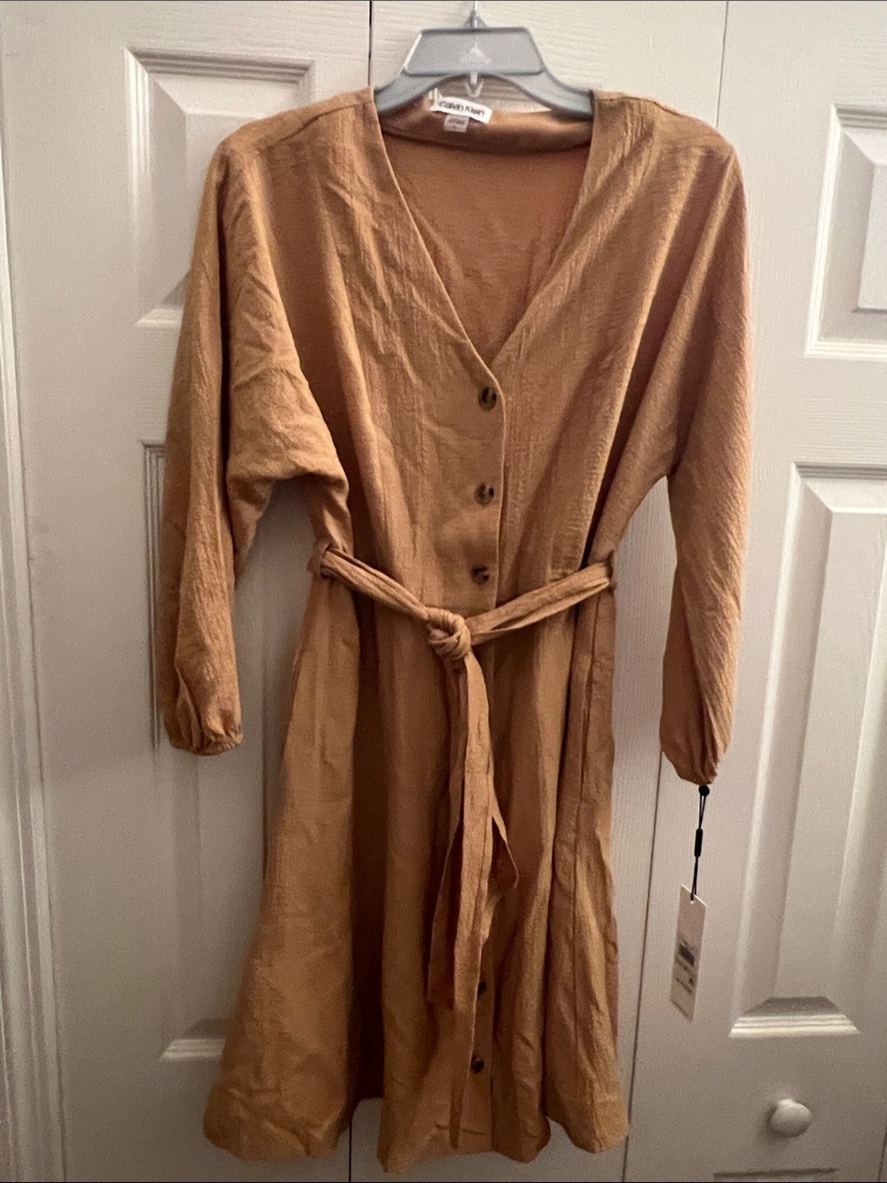 Calvin Klein Camel Tan Button-Front Long-Sleeve Midi Dress
